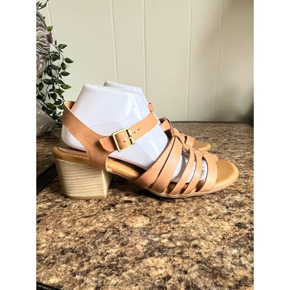 Korks by Korkease Cilla Tan Leather Strappy‎ Sandals Heels 10 Boho Open Toe